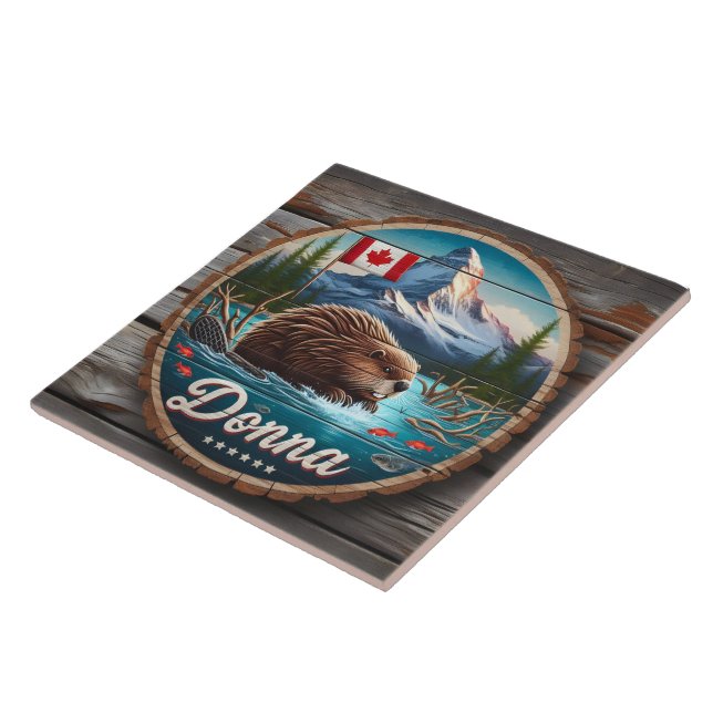 Canadian Beaver in Forest Pond With Mountains Ceramic Tile (Side)