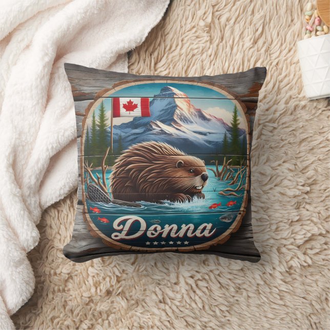 Canadian Beaver in Forest Pond With Mountains Cushion (Blanket)