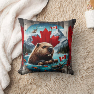 Canadian Beaver in Front of Maple Leaf Background Cushion
