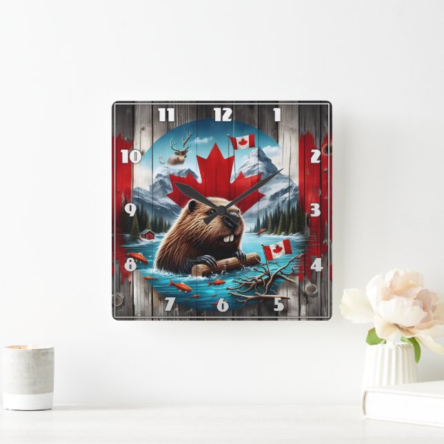 Canadian Beaver in Front of Maple Leaf Background Square Wall Clock (Home)