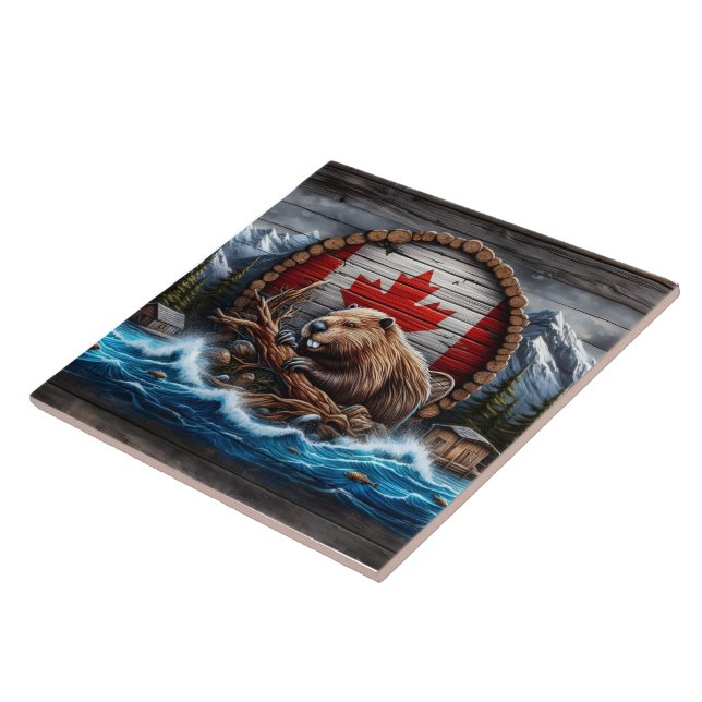 Canadian Beaver in Front of Mountain Landscape Ceramic Tile (Side)