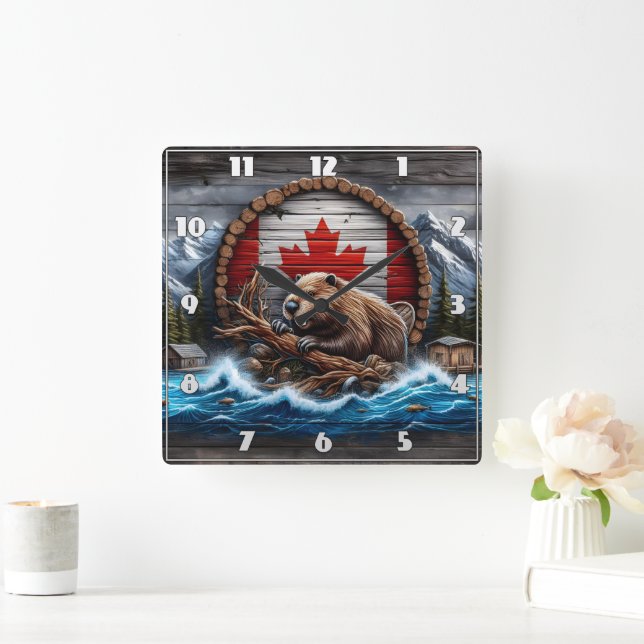 Canadian Beaver in Front of Mountain Landscape Square Wall Clock (Home)