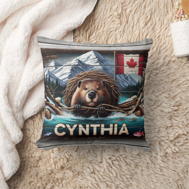 Canadian Beaver in Front of Mountains and Flag Cushion (Blanket)