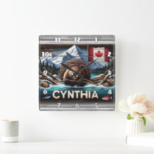 Canadian Beaver in Front of Mountains and Flag Square Wall Clock