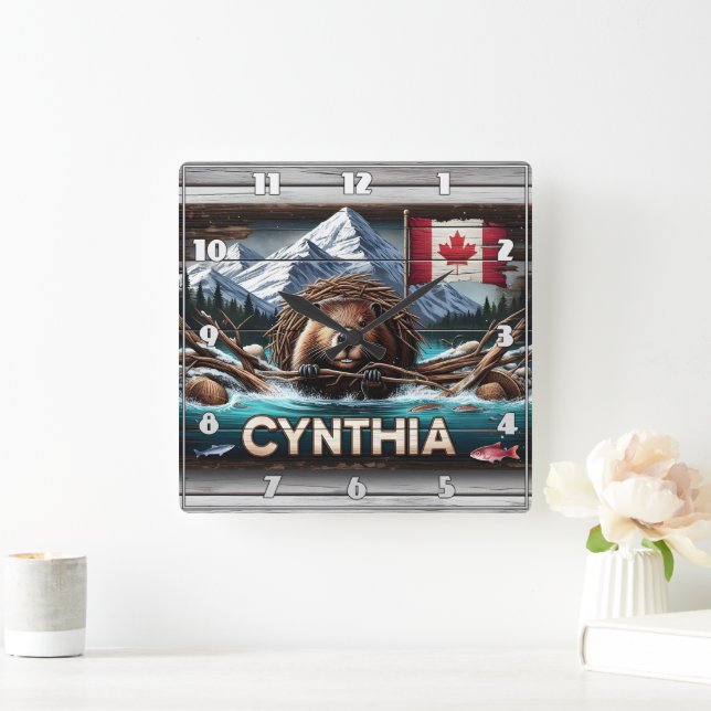 Canadian Beaver in Front of Mountains and Flag Square Wall Clock (Home)