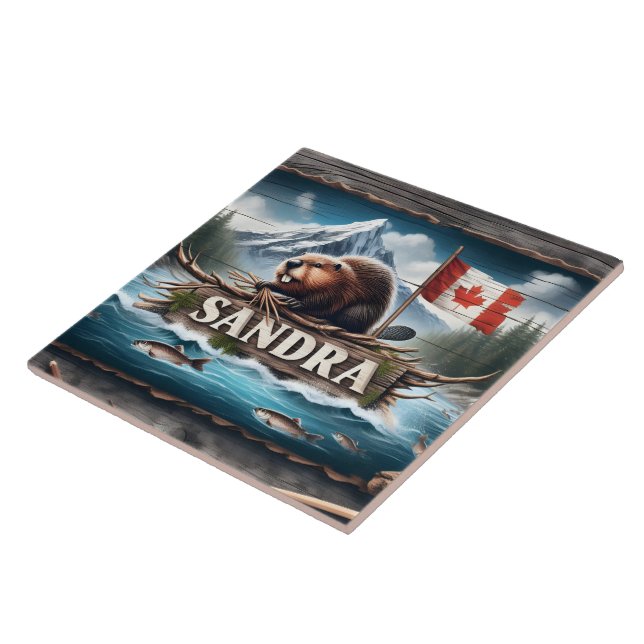 Canadian Beaver in Scenic River With Flag Ceramic Tile (Side)