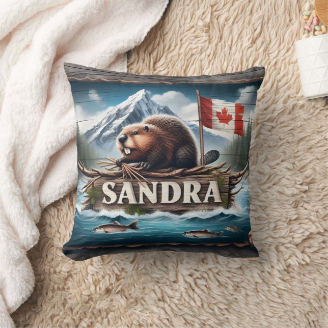 Canadian Beaver in Scenic River With Flag Cushion (Blanket)