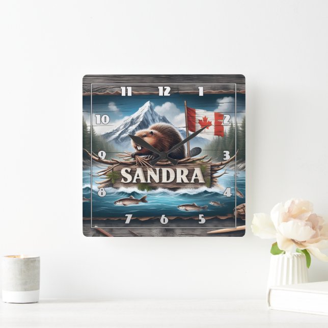 Canadian Beaver in Scenic River With Flag Square Wall Clock (Home)
