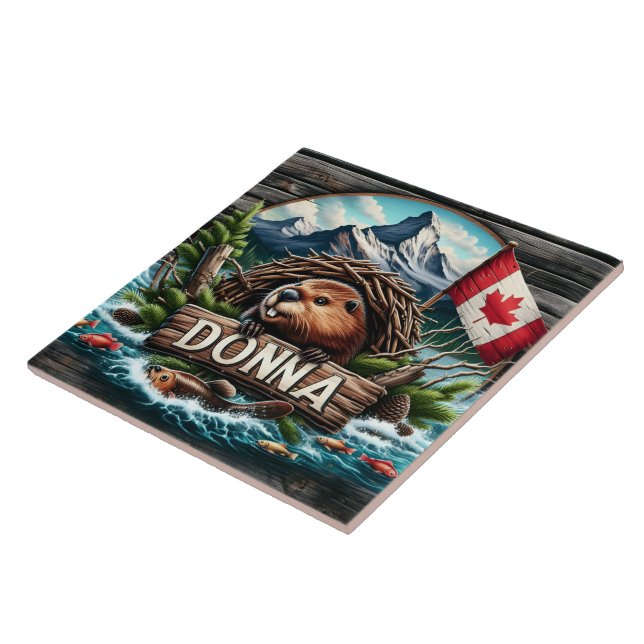 Canadian Beaver Near Lake With Rocky Mountains Ceramic Tile (Side)