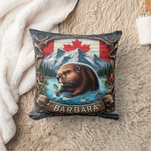 Canadian Beaver Near Mountains and Maple Leaves Cushion