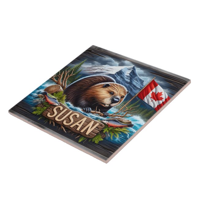 Canadian Beaver Near Water With Maple Leaf Flag Ceramic Tile (Side)