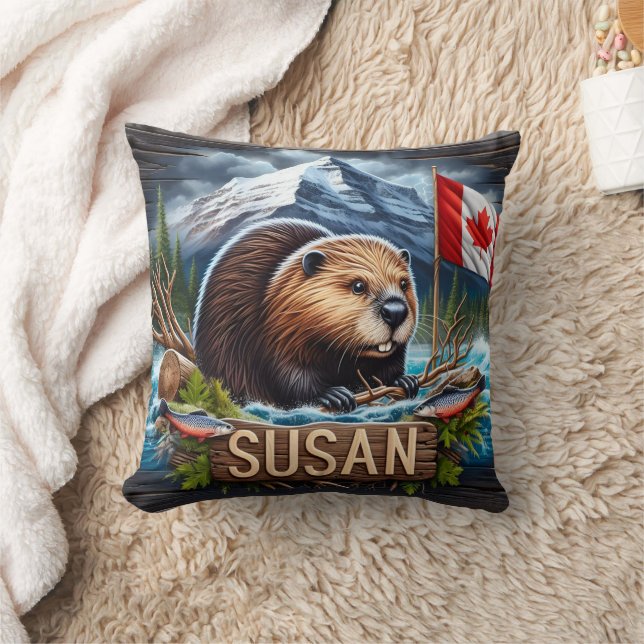 Canadian Beaver Near Water With Maple Leaf Flag Cushion (Blanket)