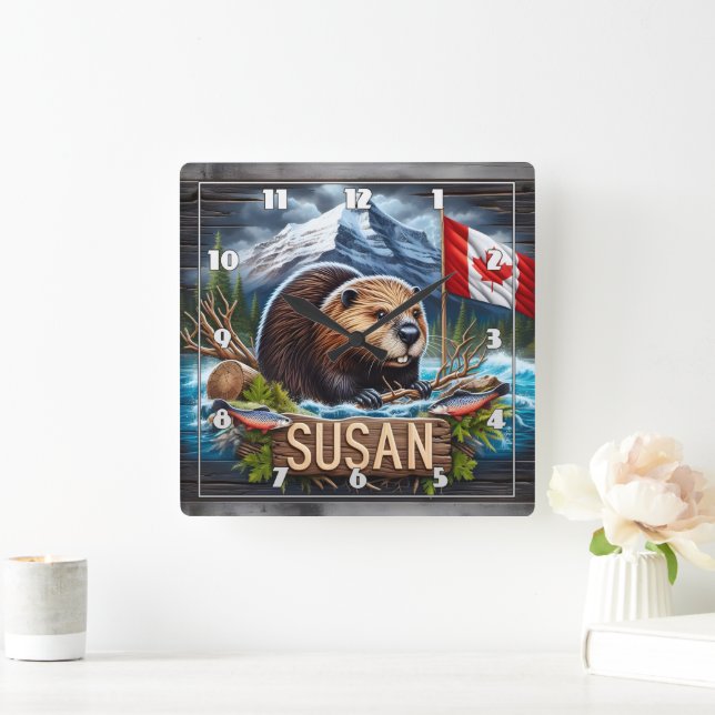 Canadian Beaver Near Water With Maple Leaf Flag Square Wall Clock (Home)