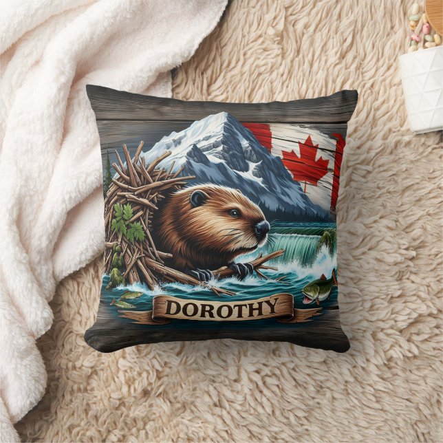 Canadian Beaver Near Waterfall in Kimberly Area Cushion (Blanket)