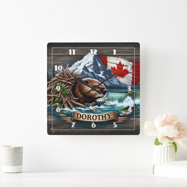 Canadian Beaver Near Waterfall in Kimberly Area Square Wall Clock (Home)