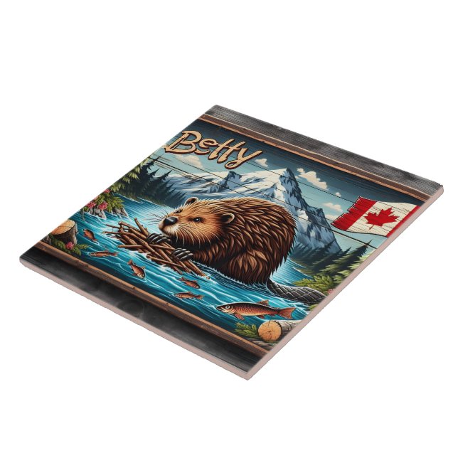 Canadian Beaver Nesting by Mountain River Ceramic Tile (Side)