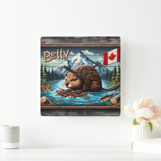 Canadian Beaver Nesting by Mountain River Square Wall Clock (Home)