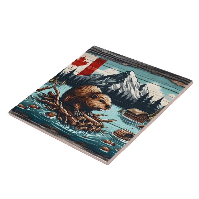 Canadian Beaver on a Log by Lake With Mountains Ceramic Tile (Side)