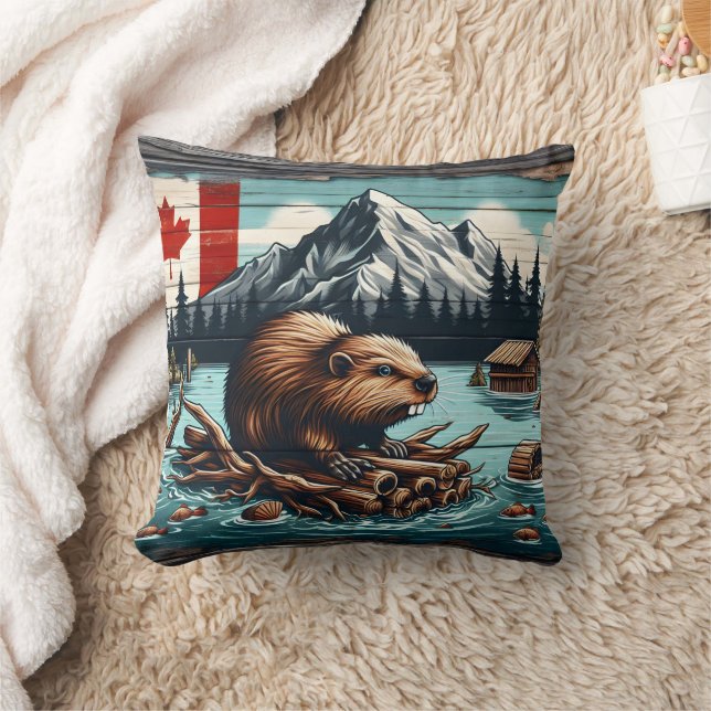 Canadian Beaver on a Log by Lake With Mountains Cushion (Blanket)