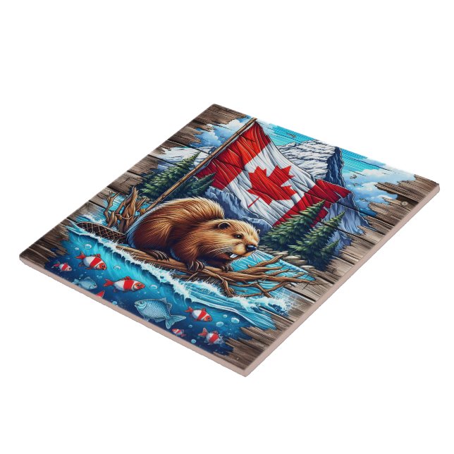 Canadian Beaver on Lake With Canadian Flag Ceramic Tile (Side)