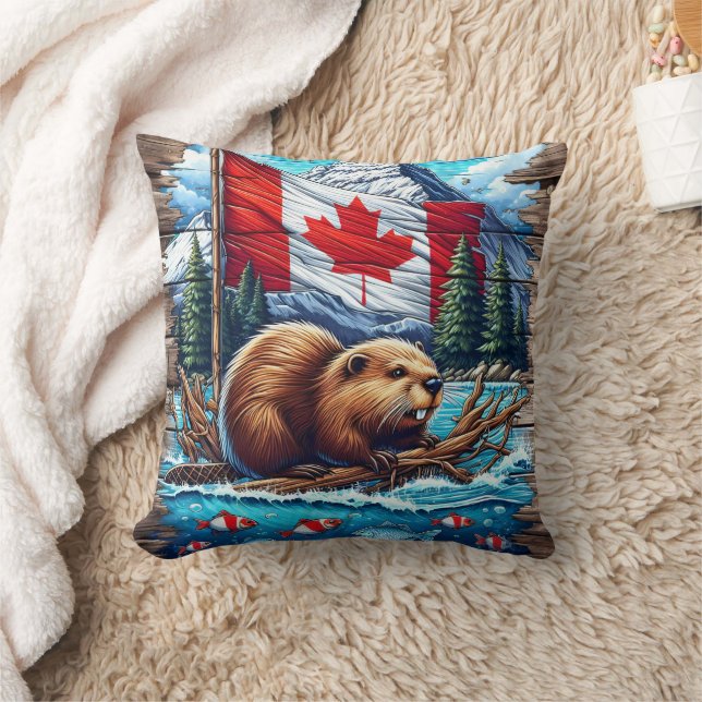 Canadian Beaver on Lake With Canadian Flag Cushion (Blanket)