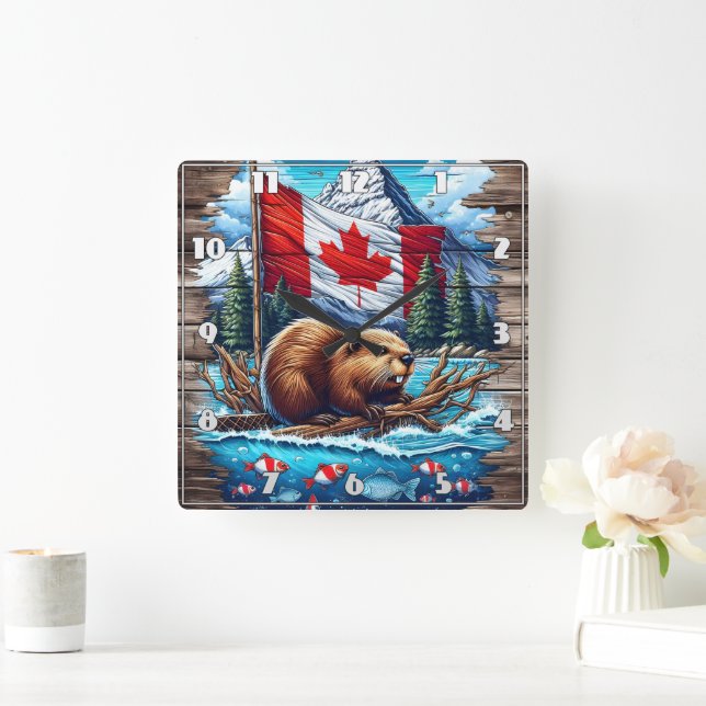 Canadian Beaver on Lake With Canadian Flag Square Wall Clock (Home)