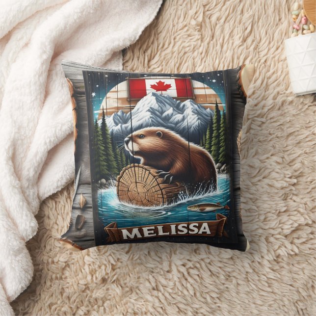 Canadian Beaver on Log With Mountain Background Cushion (Blanket)