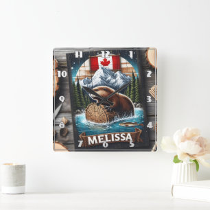Canadian Beaver on Log With Mountain Background Square Wall Clock