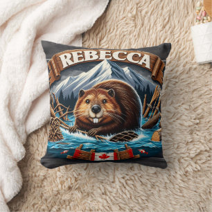 Canadian Beaver, Snow-Capped Mountain Cushion