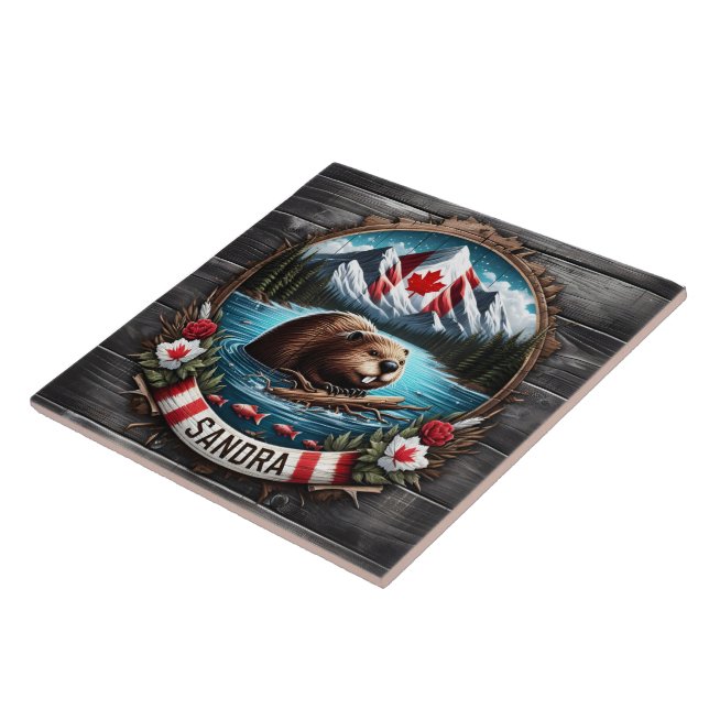 Canadian Beaver Swimming in Clear Mountain Lake Ceramic Tile (Side)