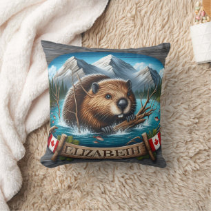 Canadian Beaver Swimming in Mountain Lake Cushion