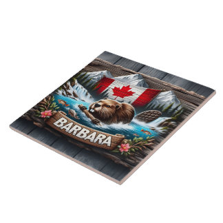 Canadian Beaver Swimming Near Mountain Stream Ceramic Tile