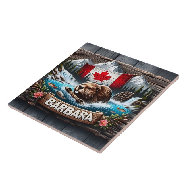 Canadian Beaver Swimming Near Mountain Stream Ceramic Tile (Side)