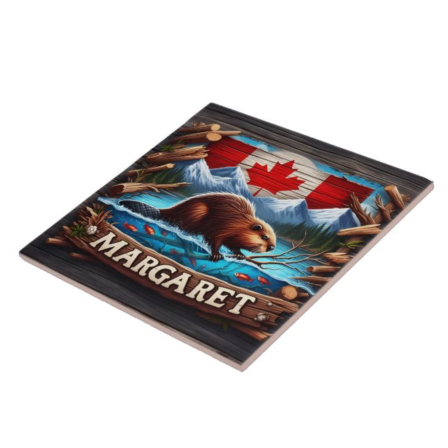 Canadian Beaver Swimming Near Mountains and Forest Ceramic Tile (Side)