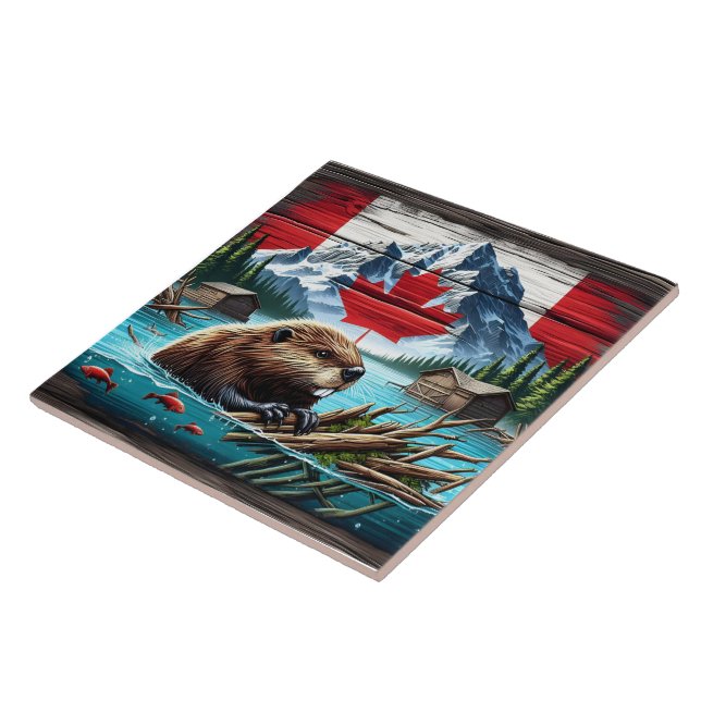 Canadian Beaver Swimming Near Rustic Cabins Ceramic Tile (Side)