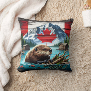 Canadian Beaver Swimming Near Rustic Cabins Cushion