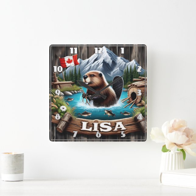 Canadian Beaver The Near Mountain In A Lake Square Wall Clock (Home)