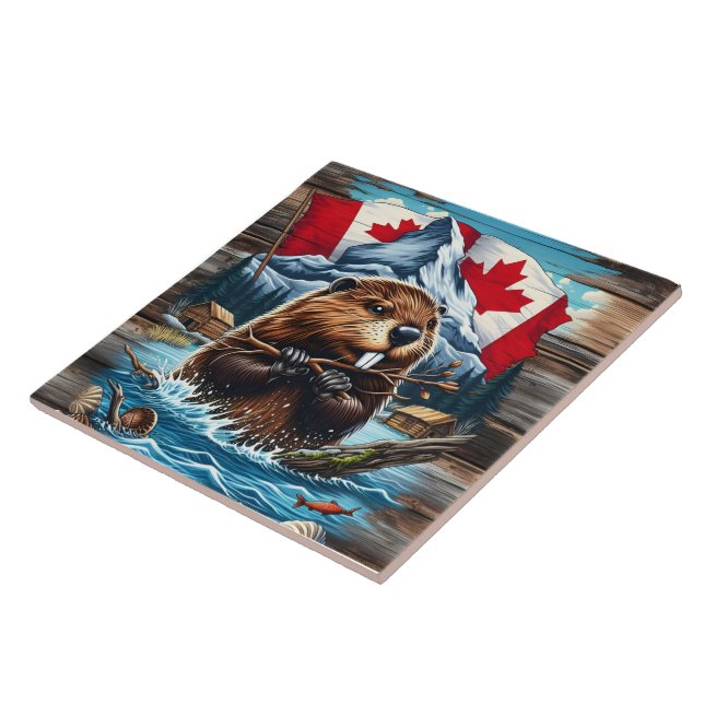 Canadian Beaver with Blue Ocean Ceramic Tile (Side)