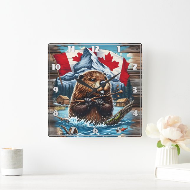 Canadian Beaver with Blue Ocean Square Wall Clock (Home)