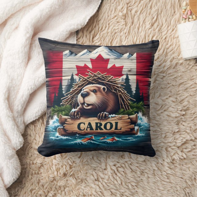 Canadian Beaver With Canadian Flag Background Cushion (Blanket)