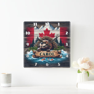 Canadian Beaver With Canadian Flag Background Square Wall Clock