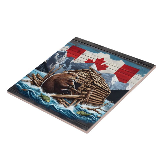 Canadian Beaver With Flag and Lodge in Nature Ceramic Tile (Side)