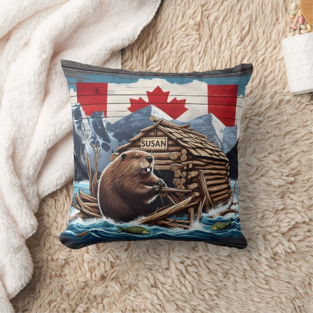 Canadian Beaver With Flag and Lodge in Nature Cushion (Blanket)