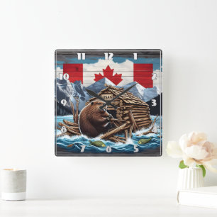 Canadian Beaver With Flag and Lodge in Nature Square Wall Clock