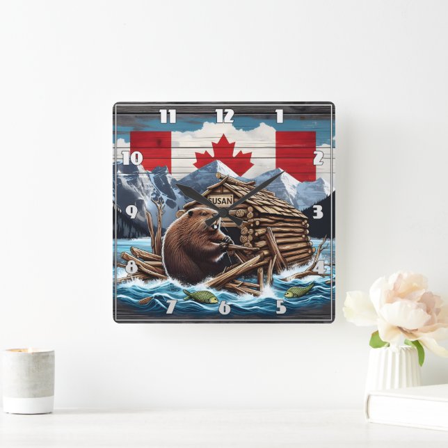 Canadian Beaver With Flag and Lodge in Nature Square Wall Clock (Home)