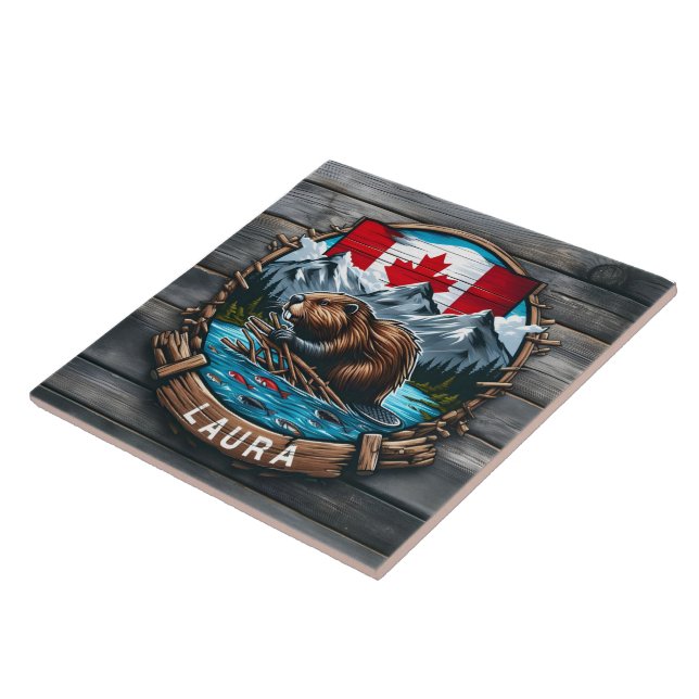 Canadian Beaver With Flag and Mountains at Sunset Ceramic Tile (Side)