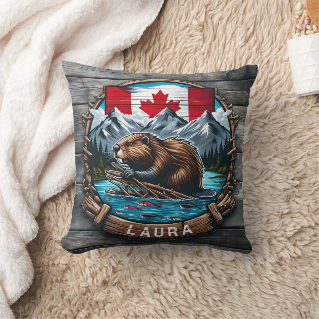 Canadian Beaver With Flag and Mountains at Sunset Cushion (Blanket)
