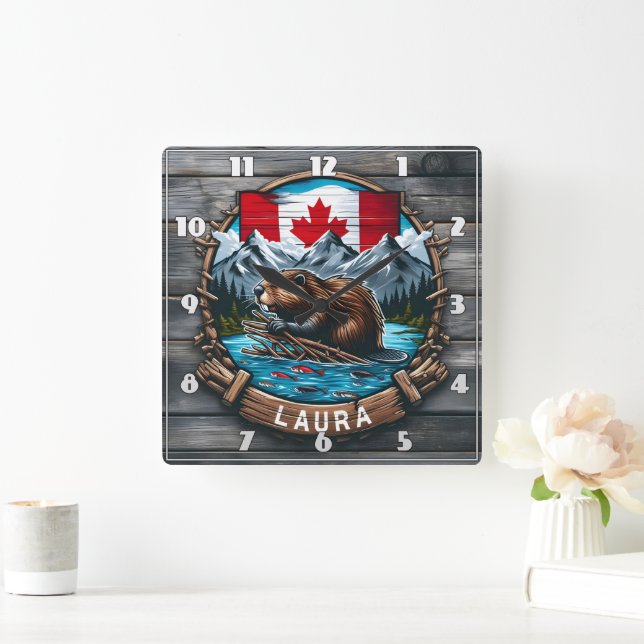 Canadian Beaver With Flag and Mountains at Sunset Square Wall Clock (Home)