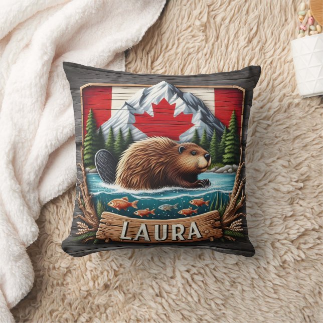 Canadian Beaver With Flag and Mountains Cushion (Blanket)