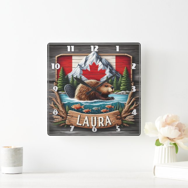 Canadian Beaver With Flag and Mountains Square Wall Clock (Home)
